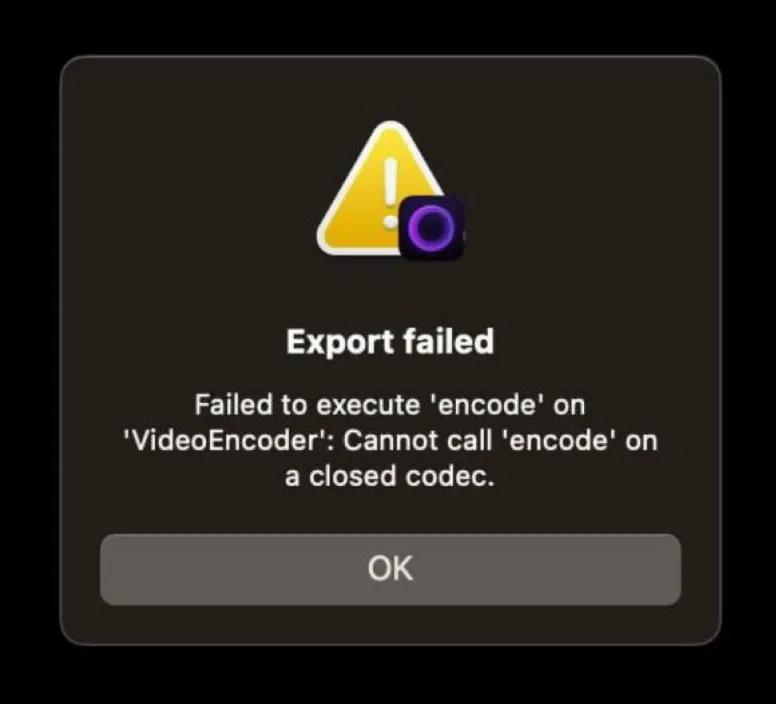 Export failed: Failed to execute 'encode' on 'VideoEncoder': Cannot call 'encode' on a closed codec.