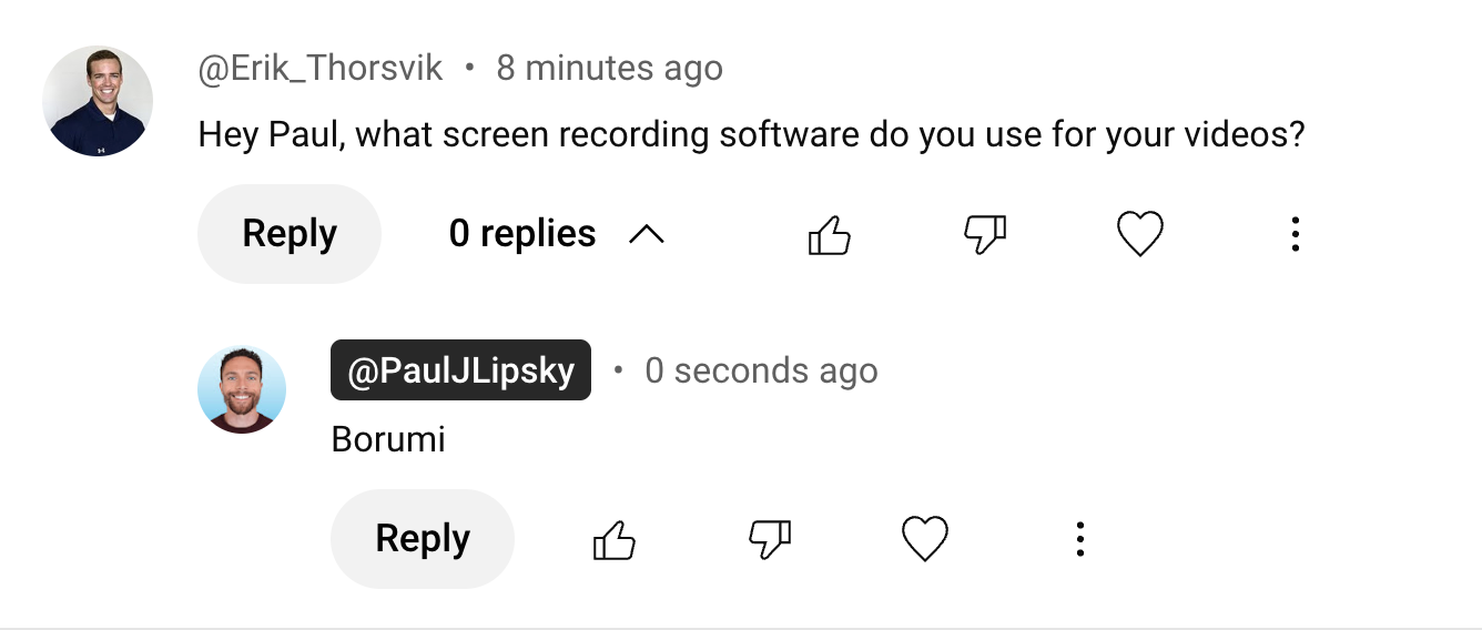 YouTube style comment showing a creator being asked what software they use, with a reply: Borumi.