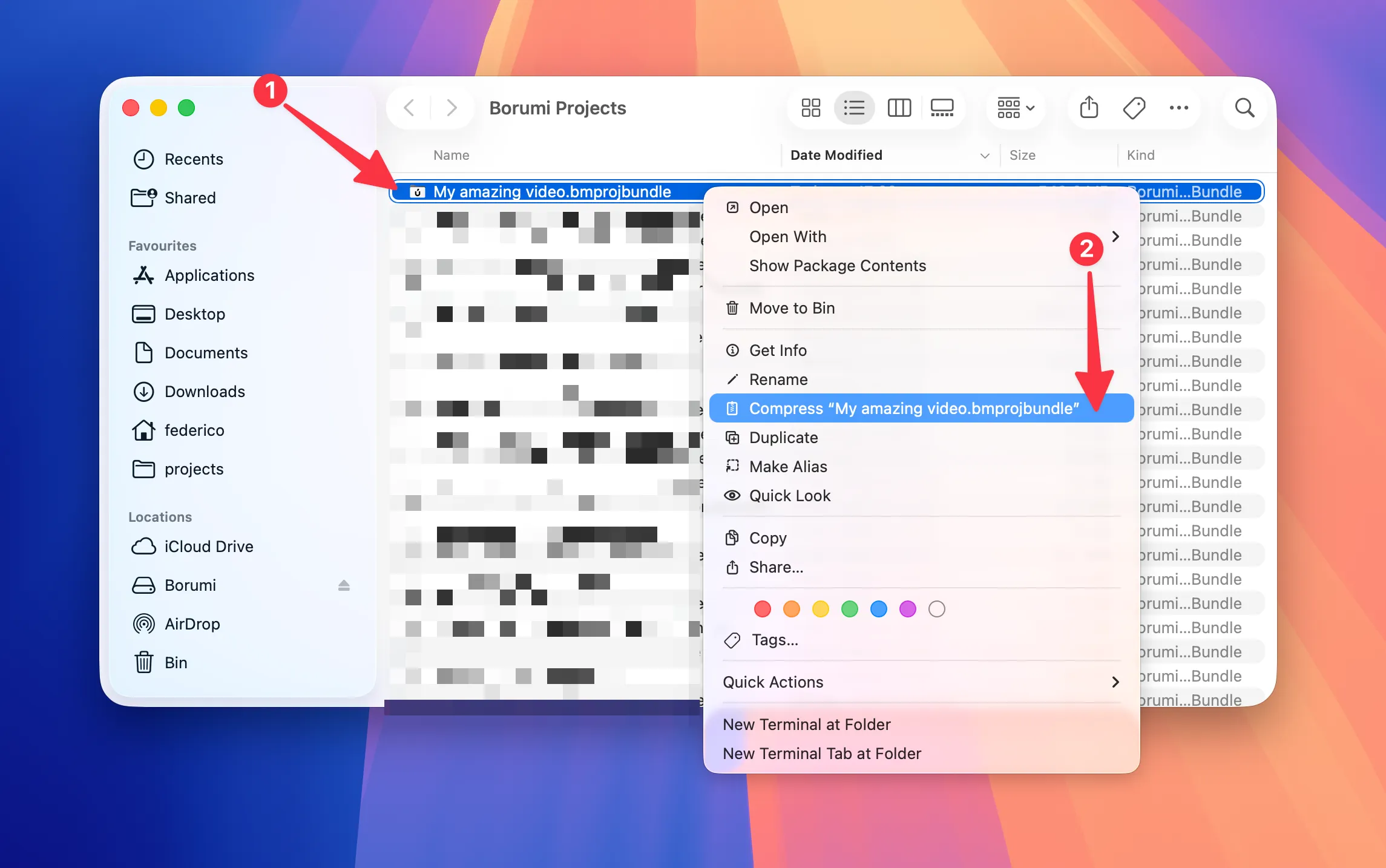 Finder context menu showing the Compress option for a Borumi project bundle