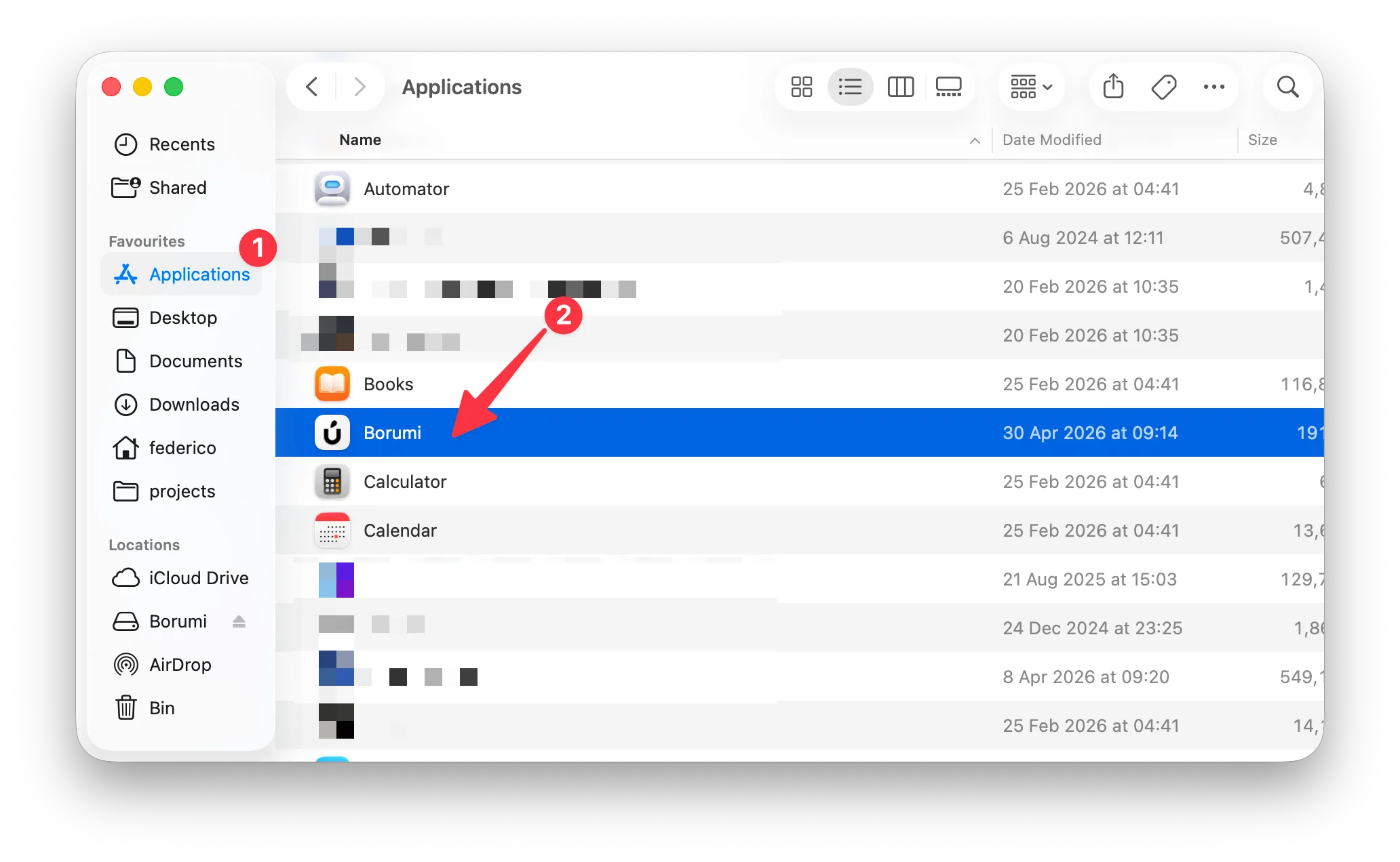 macOS Applications folder with Borumi selected
