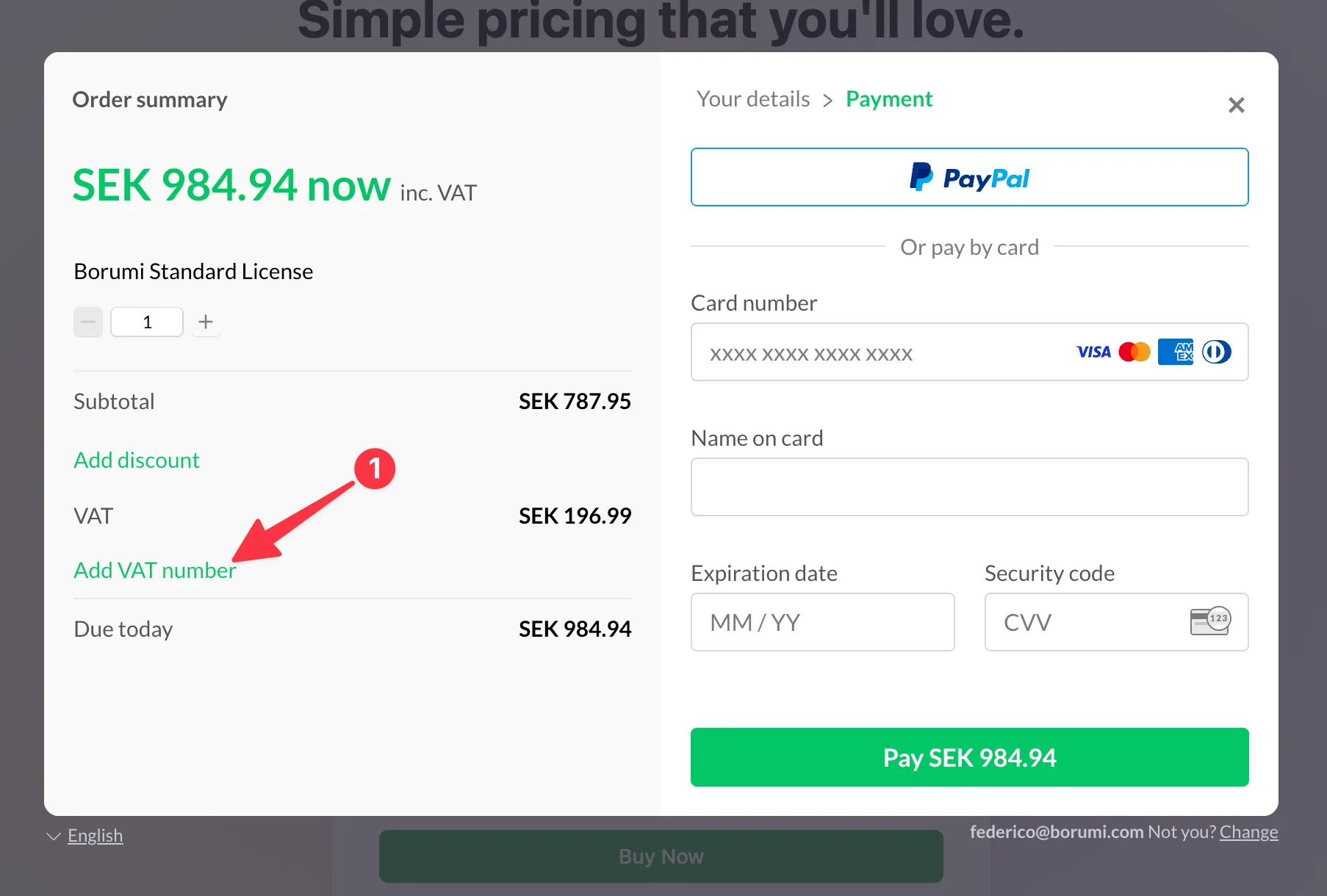 Paddle checkout Payment step with the Add VAT number link highlighted in the order summary