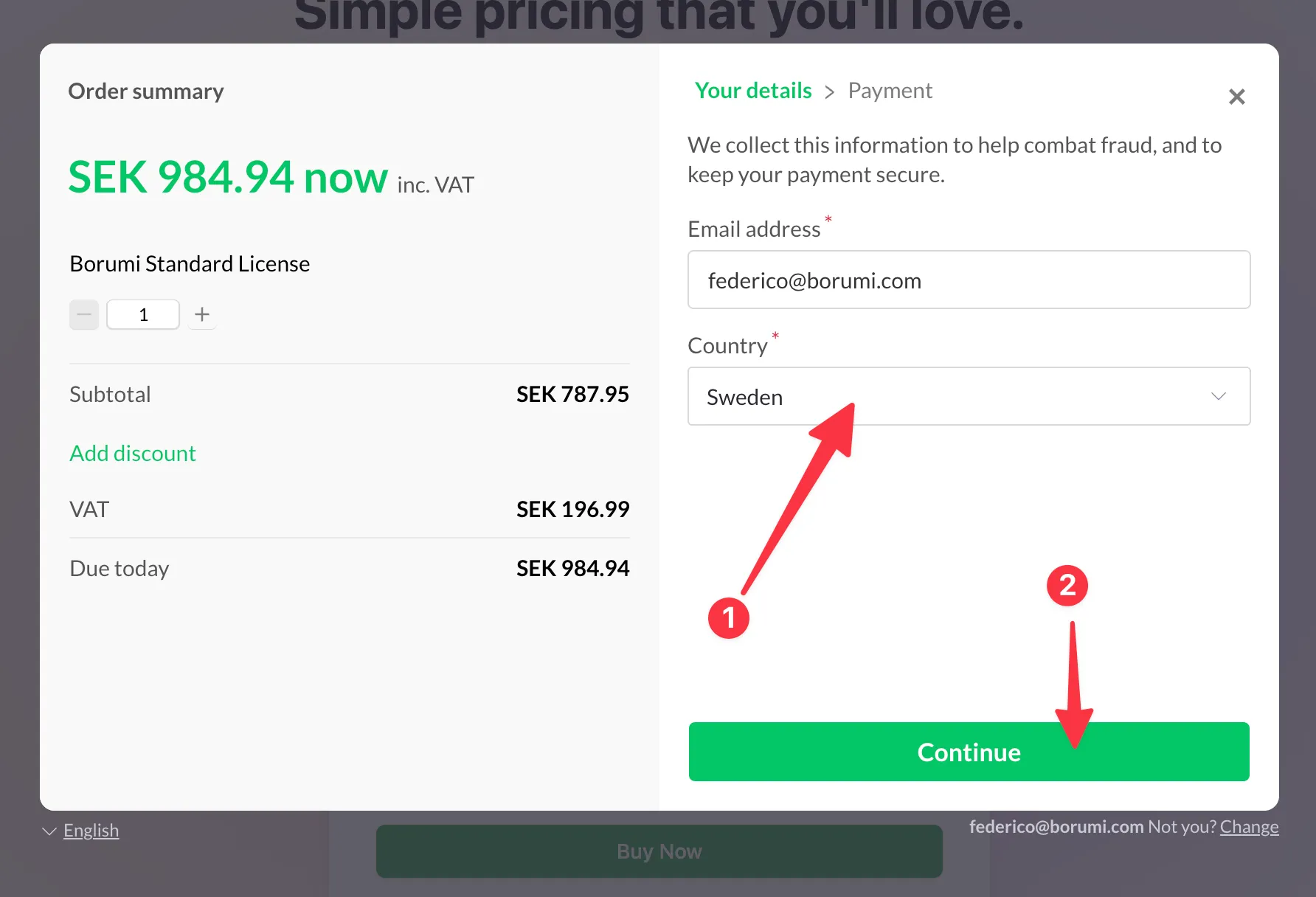 Paddle checkout Your details step with the Country field and Continue button highlighted