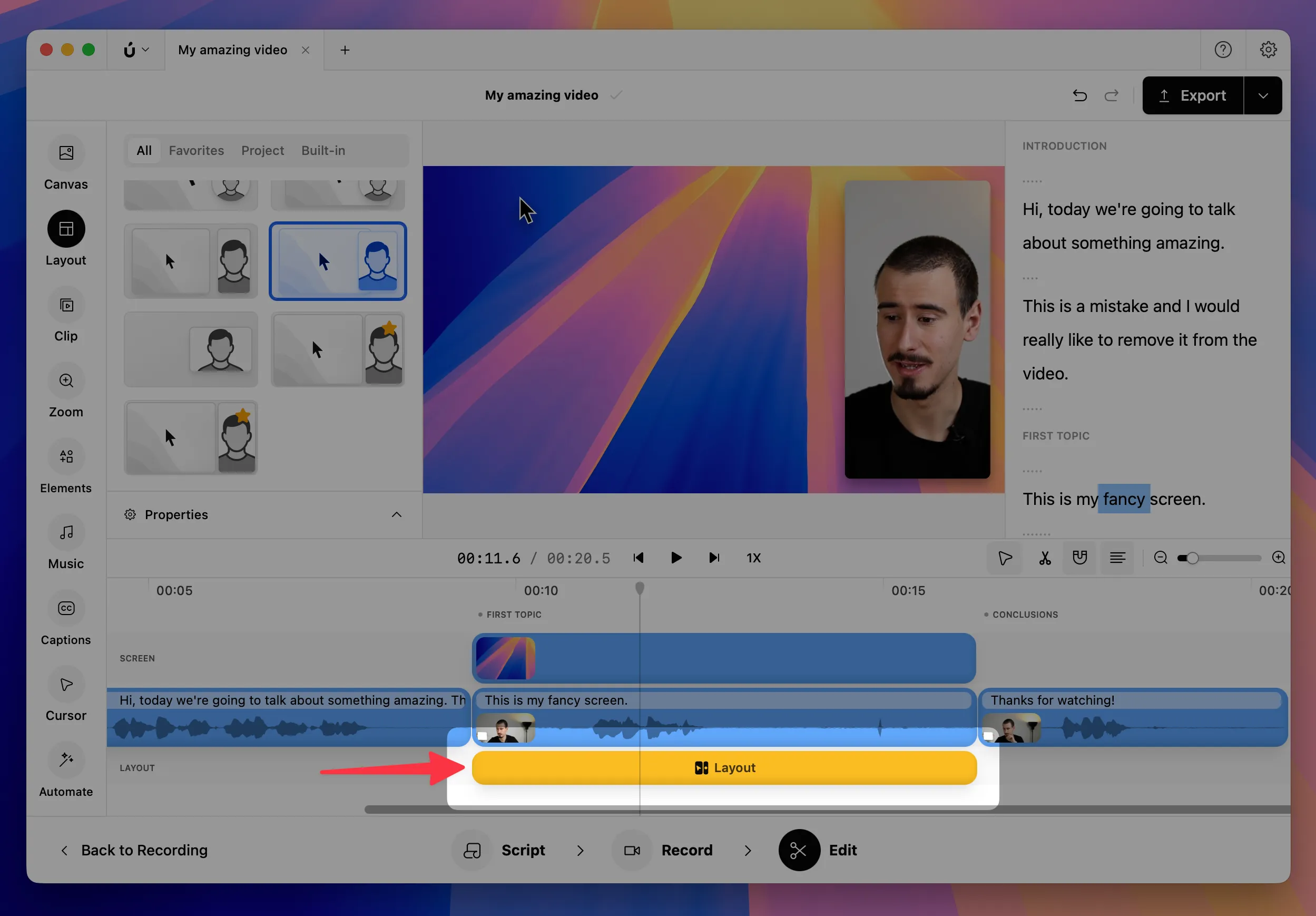 Borumi timeline showing a layout clip