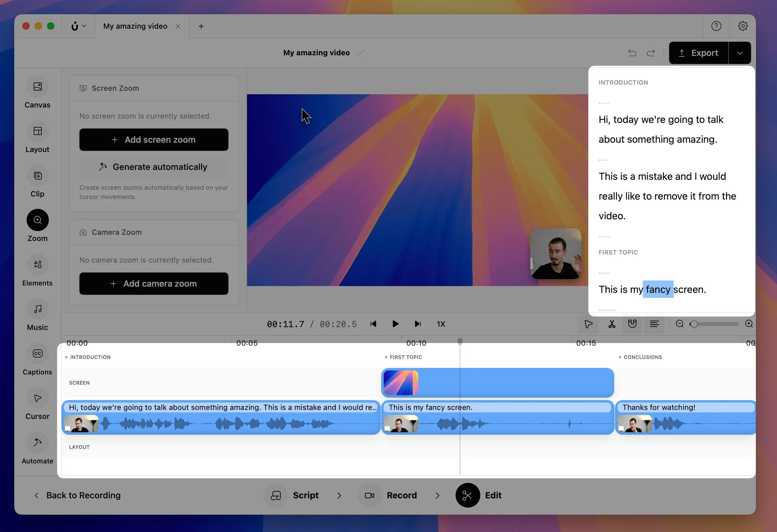 Borumi Edit tool showing the timeline and transcript