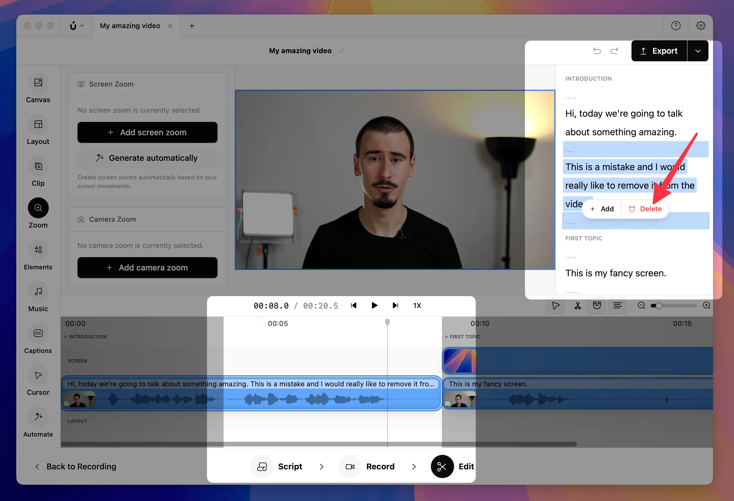 Borumi transcript-based editing with selected text