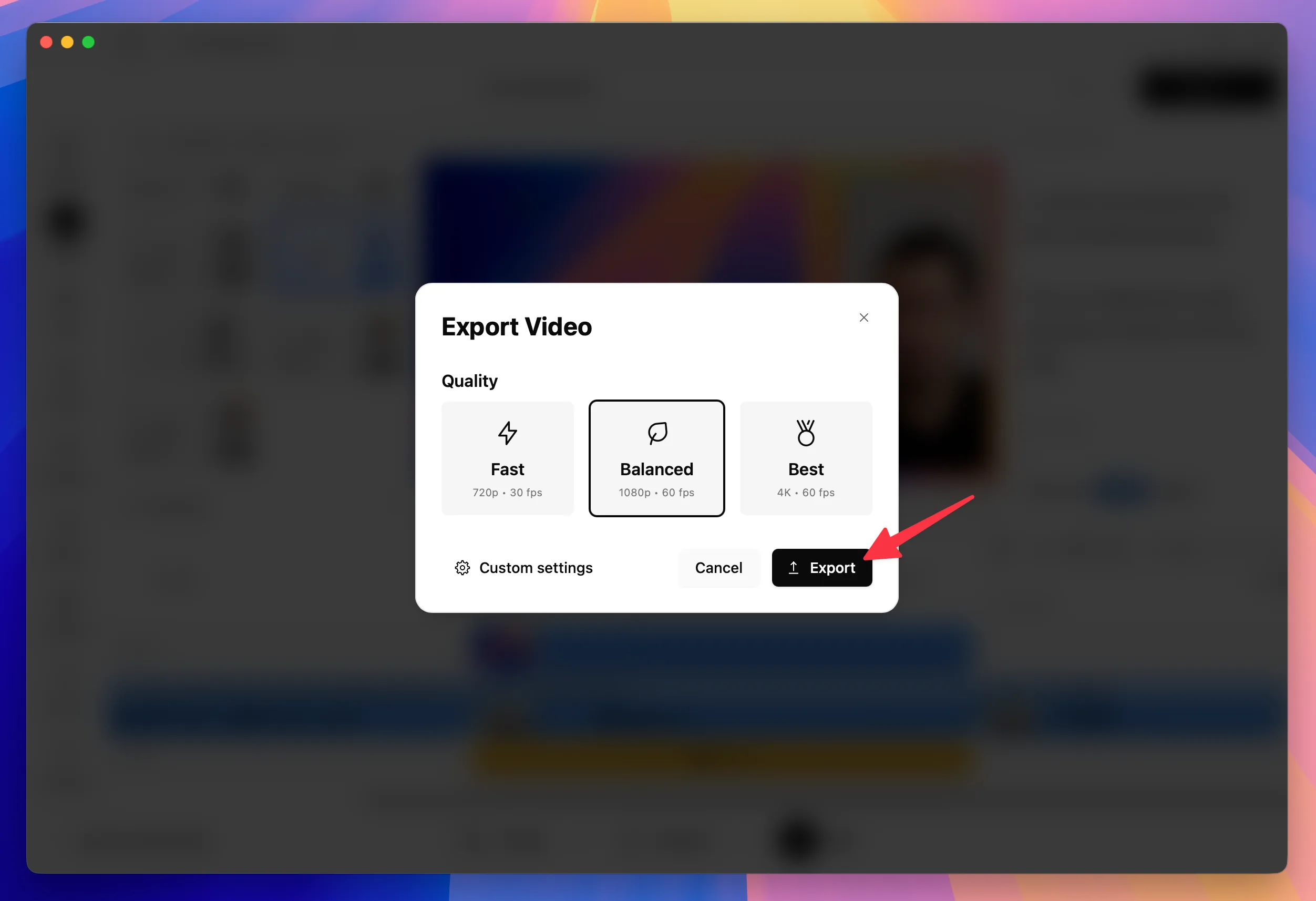Borumi export dialog showing video quality options