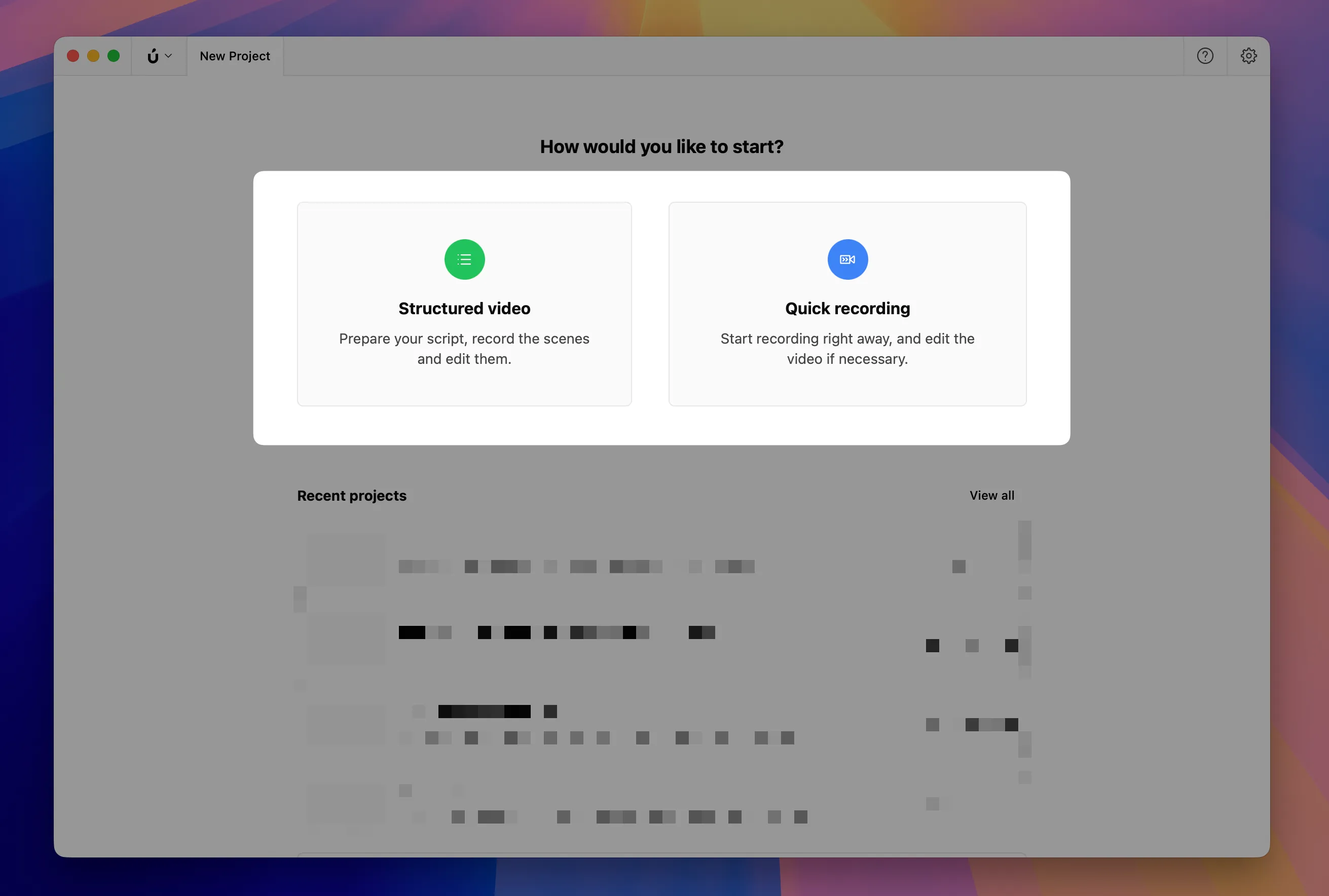 Borumi start screen showing Structured video and Quick recording options