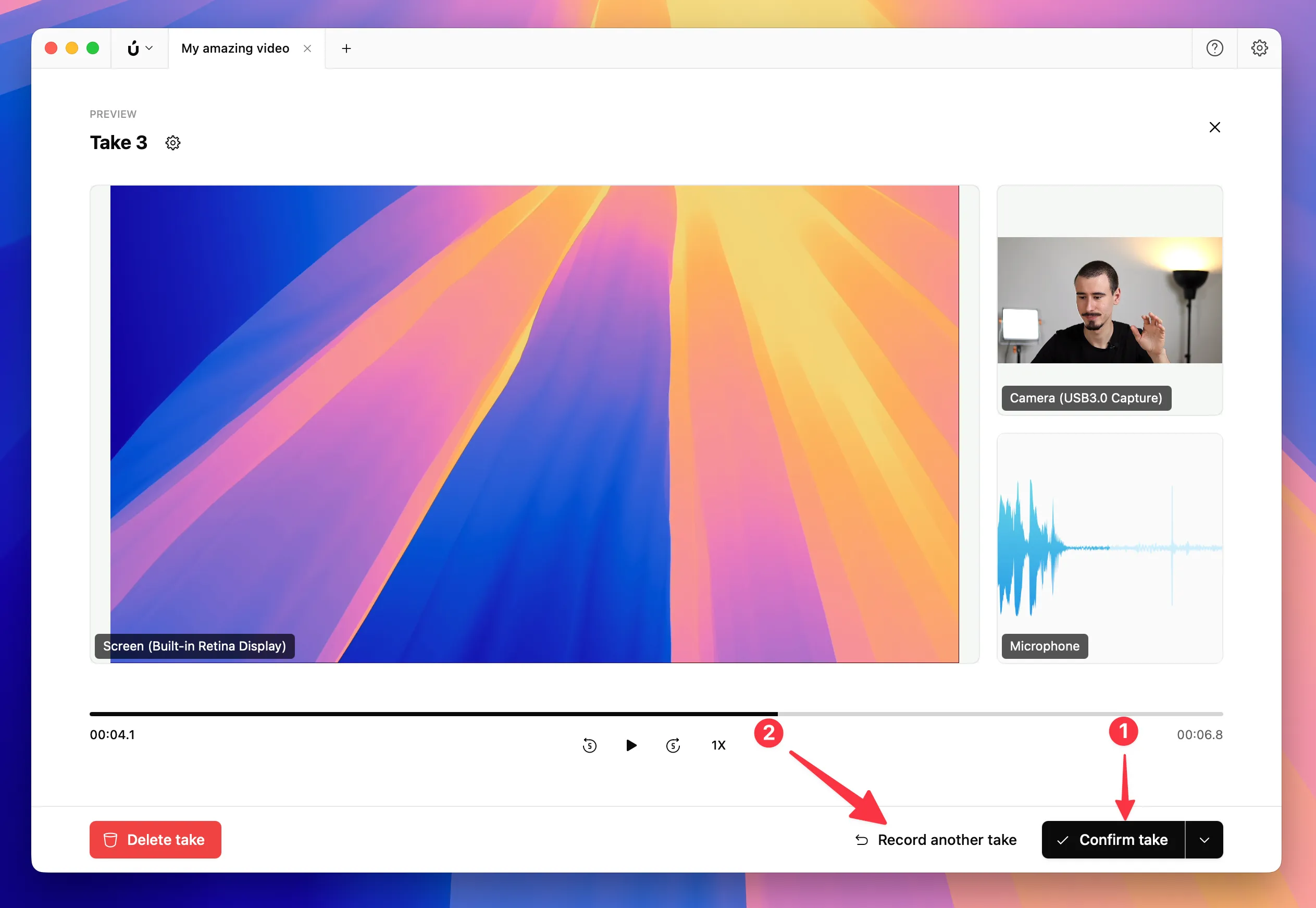 Borumi recording preview showing Confirm and Try Again options
