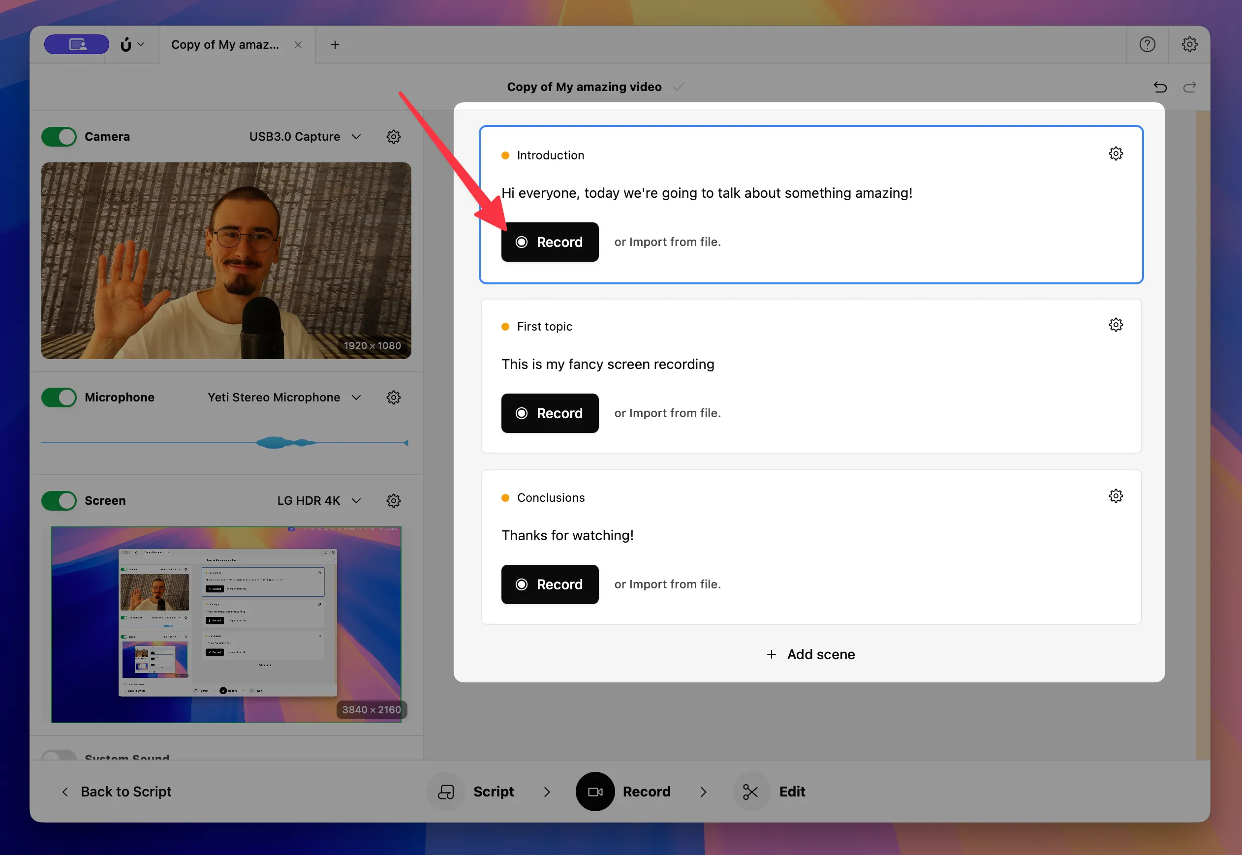 Borumi Record tool showing scene Record buttons