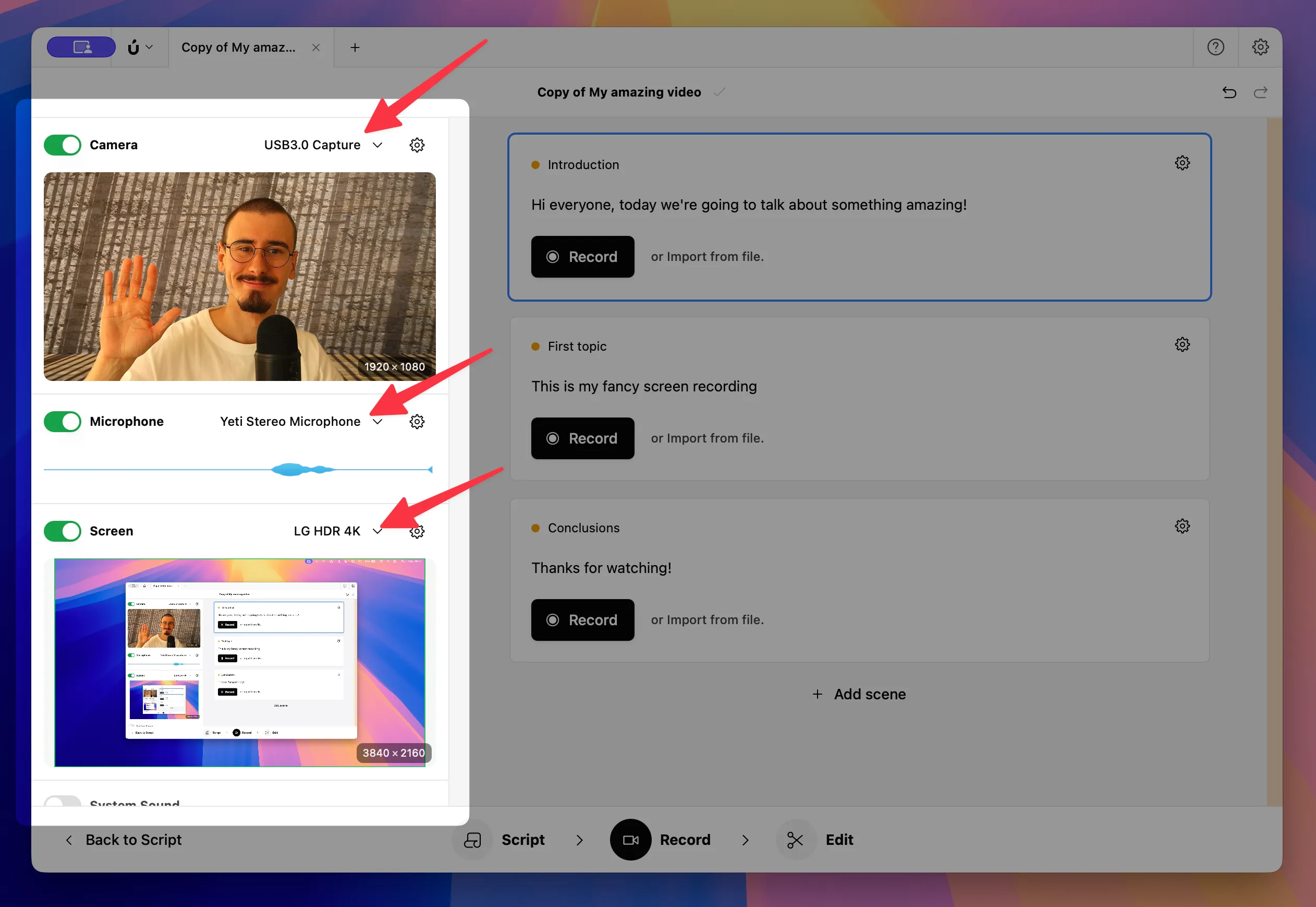 Borumi Record tool source settings for camera, microphone, and screen