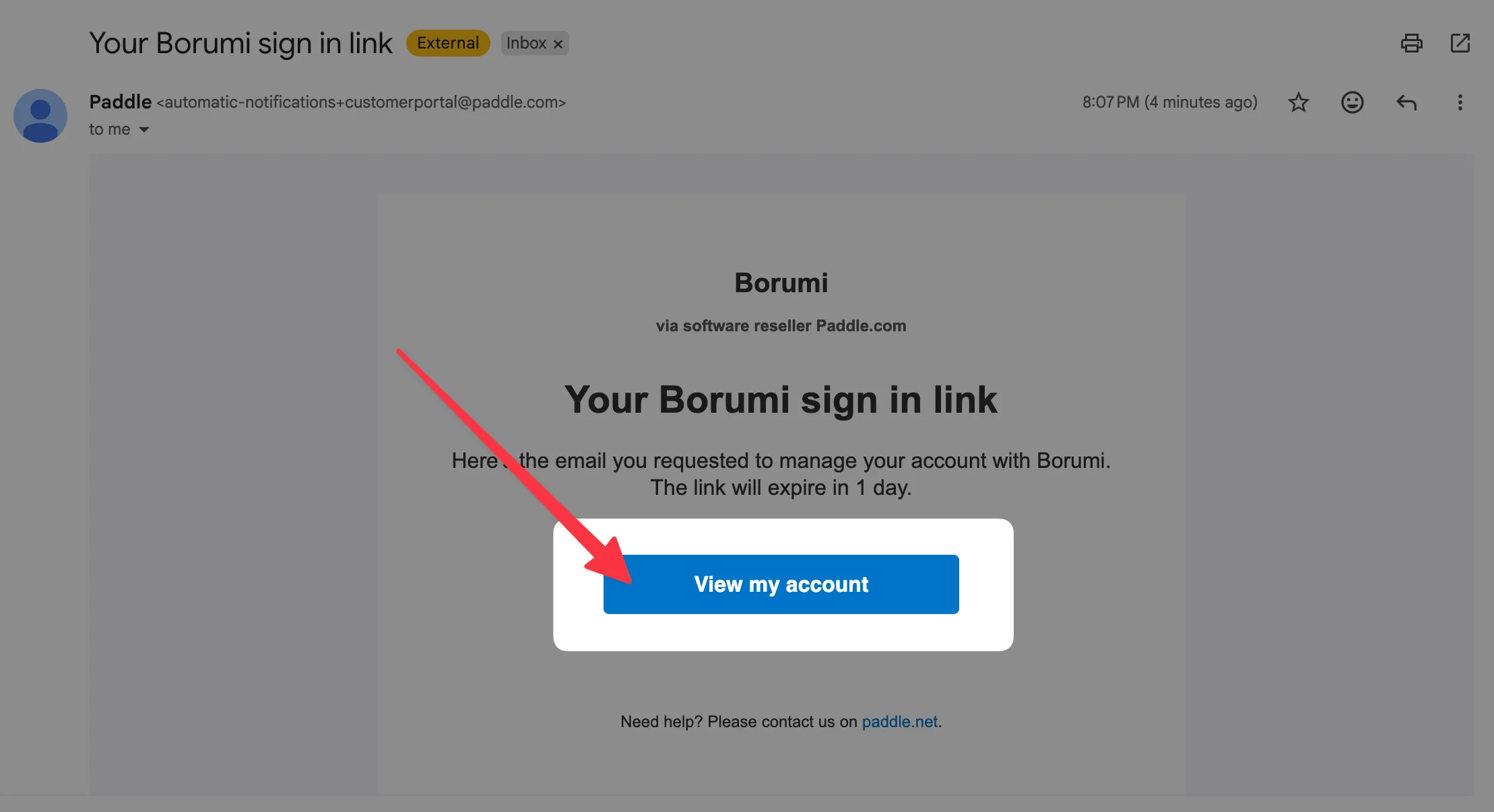 Paddle email with a sign-in link for the customer portal