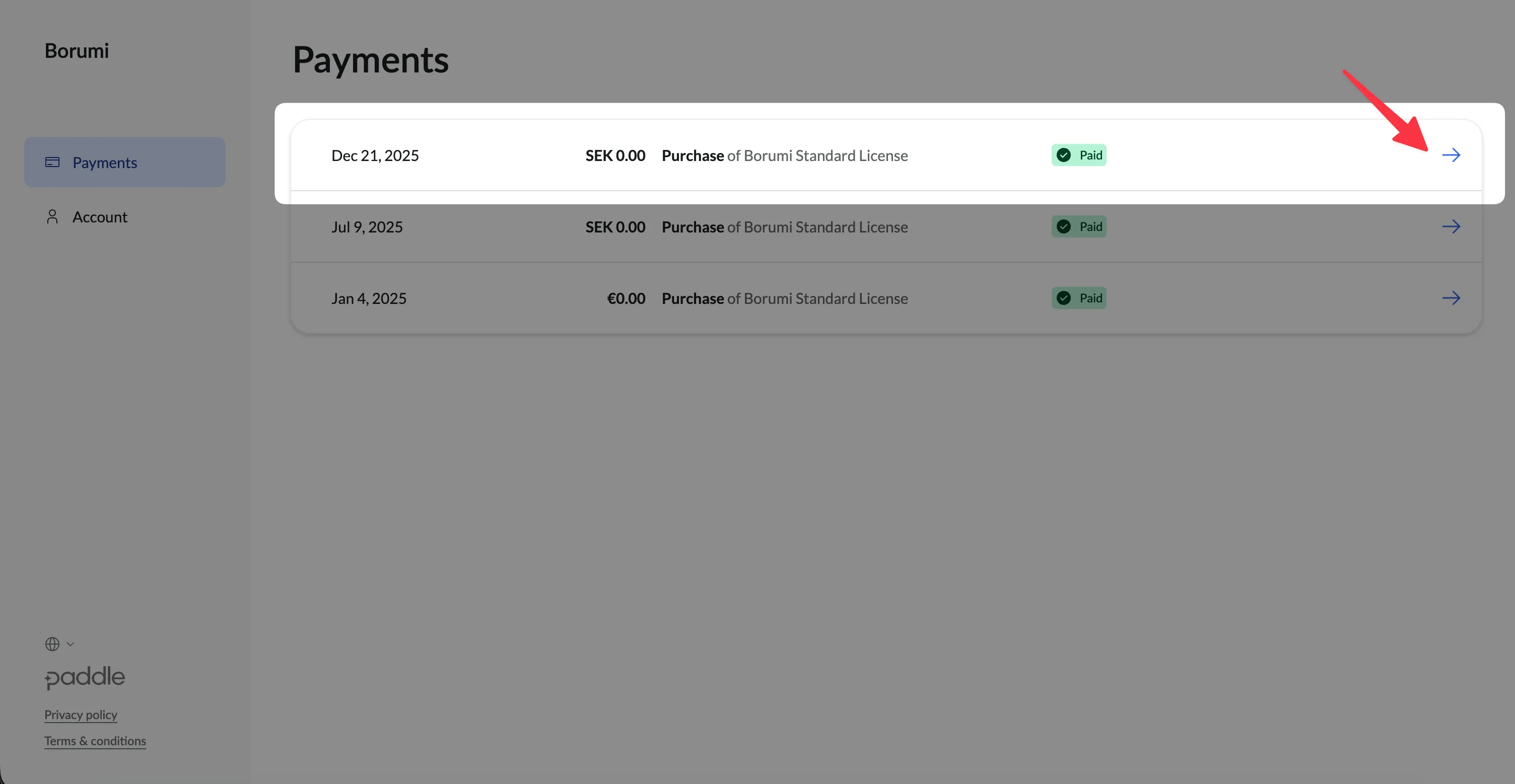 Paddle customer portal showing a list of transactions