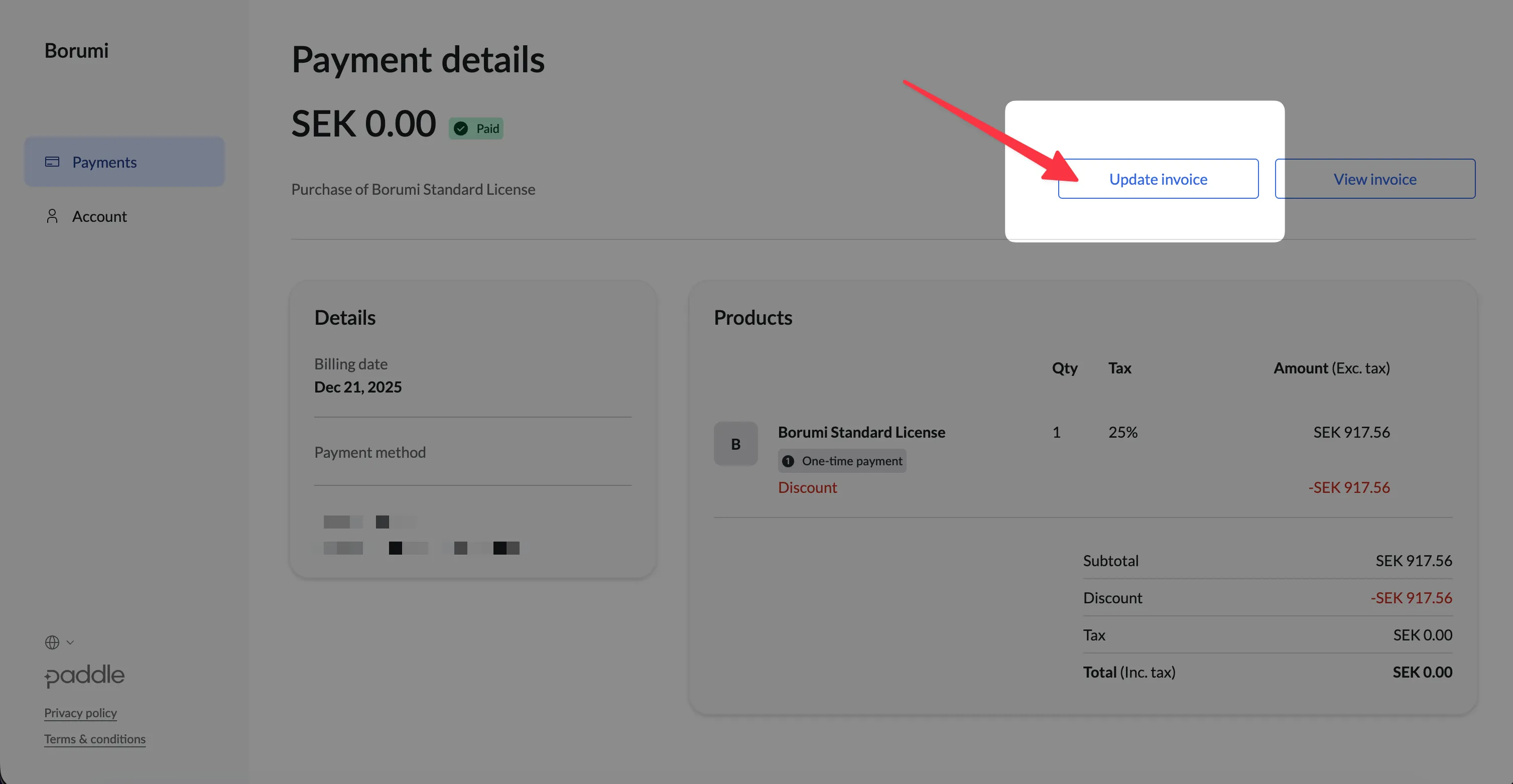 Paddle transaction details page showing the Update invoice option