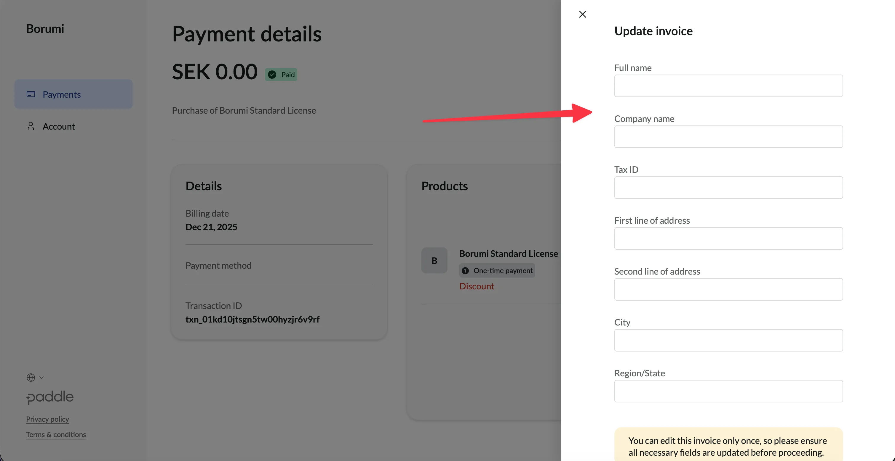 Paddle invoice update form for billing and VAT details