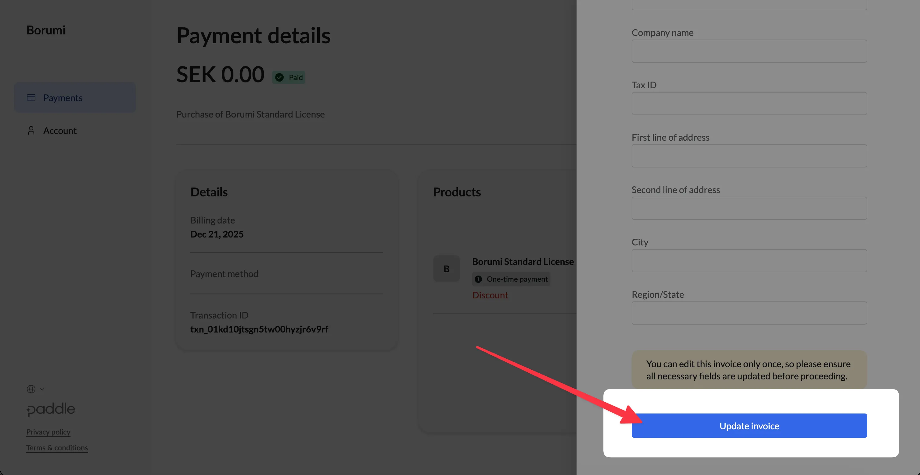 Paddle invoice update confirmation before saving invoice details