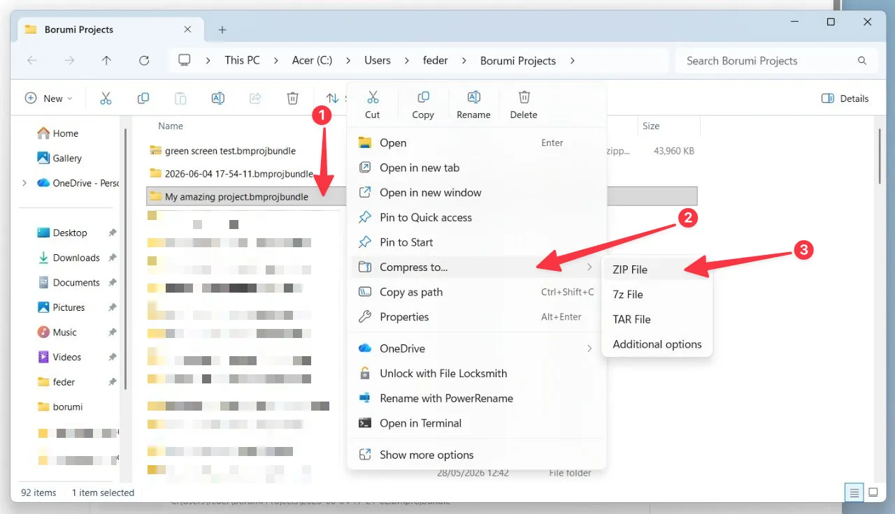 File Explorer context menu showing Compress to and ZIP File options for a Borumi project bundle